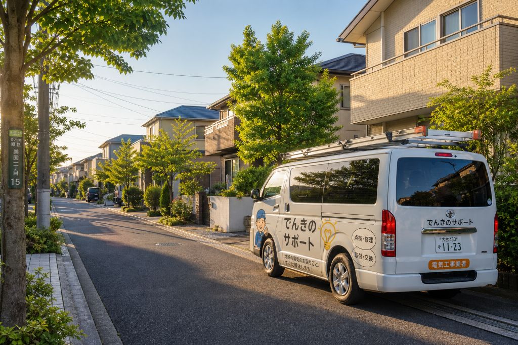 上尾市の住宅街を走る上尾家電のサービスカー